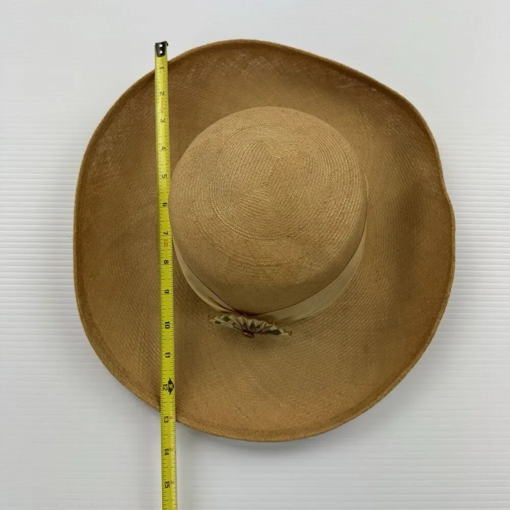 Vintage Frank Olive Straw Wide Brim Hat Floral Brooch Tan